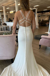 White Plunge V Lace-Up Back Mermaid Long Wedding Dress
